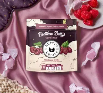 (0.1g) Bedtime Raspberry Creme Chews | 100mg THC: 100mg CBN: 200mg CBD | Fruit Chews | Betty's Eddies