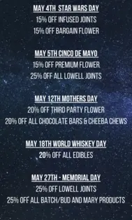 STAR WARS DAY, CINCO DE MAYO,MOTHERS DAY,MEMORIAL DAY,WORLD WHISKEY DAY